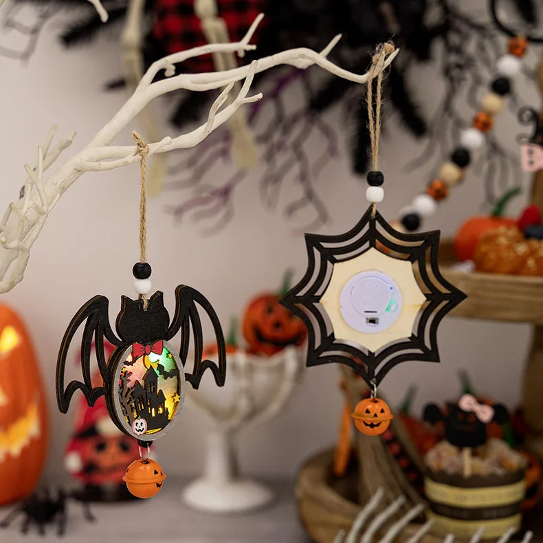 Halloween Wooden Lamp Pumpkin Bat Spider Pendant Ghost Festival Atmosphere Arrangement Glowing Horror Ornament Hanging Decor