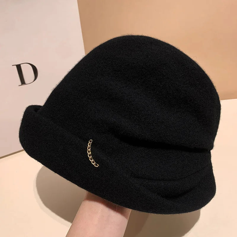 Winter Hat for Women Soft Warm Wool Cap Adjustable Ladies Beanie Cloche Bucket Hat Crushable Ski Hat Upturn Brim Church Hat