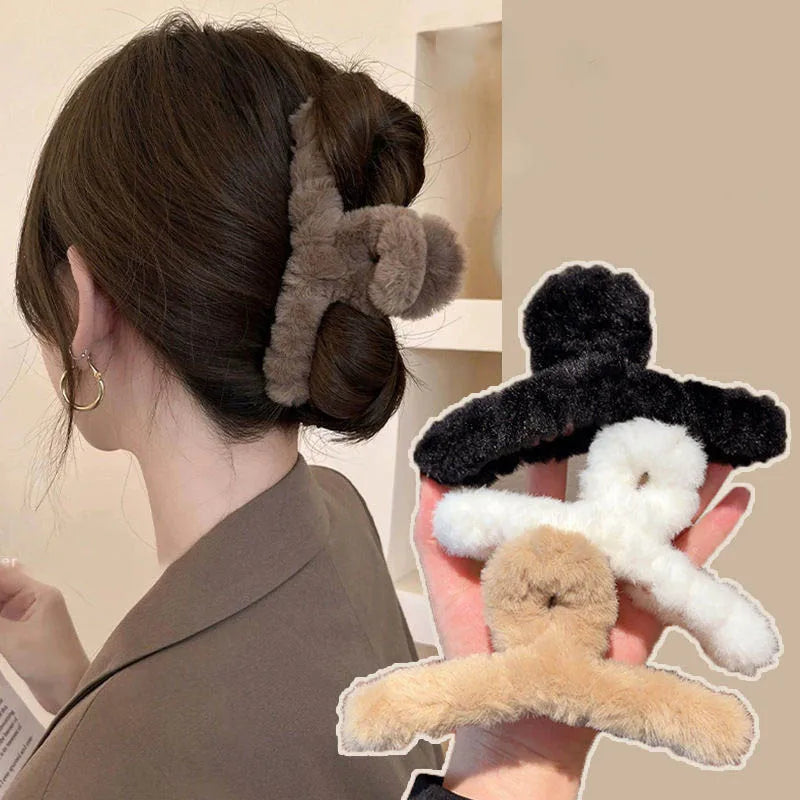 Winter Faux Fur Hair Claw for Women Elegant Acrylic Crab Barrette Hairpin Girl-Hair Accessories Furry Headwear Hair Claw Clip