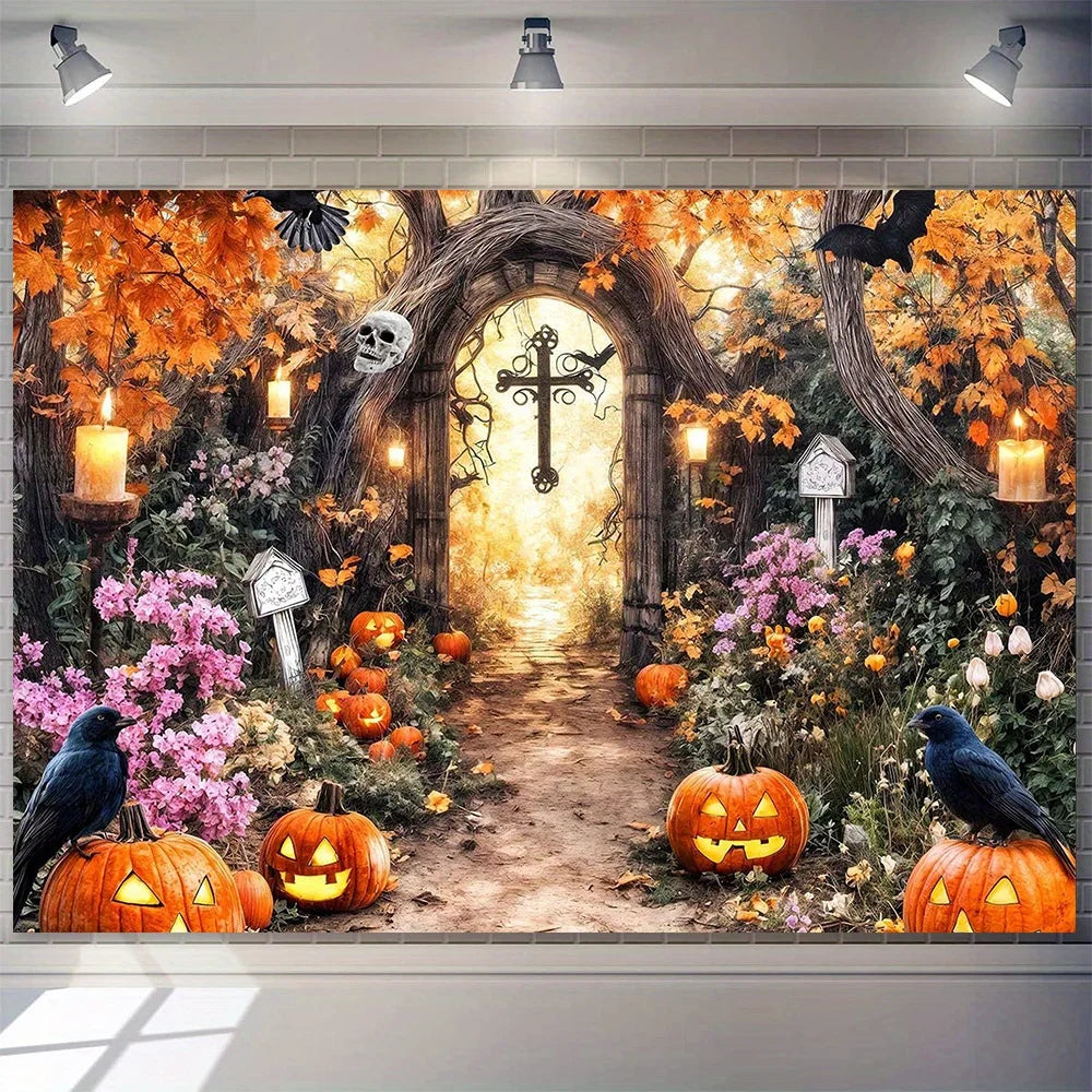 Halloween Magical Forest Background - Terrifying Skeleton, Pumpkin, and Haunted House Scenes with Candles and Skull Heads