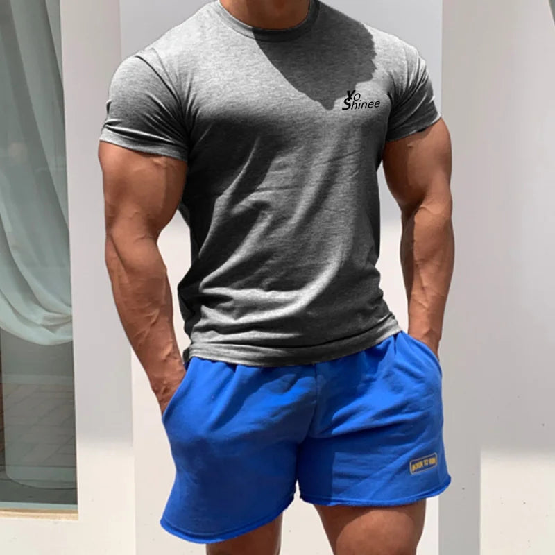 Men Tshirts Short Sleeve Slim Fit Stretch Cotton Muscle T-shirt for Men Bodybuilding Workout Casual GYM Fitness Tee