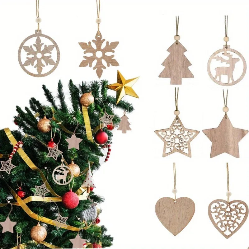 Festive Wooden Christmas Ornaments with Snowflake Star and Heart Designs for Home Tree Decor Holiday Party Supplies DIY Crafts