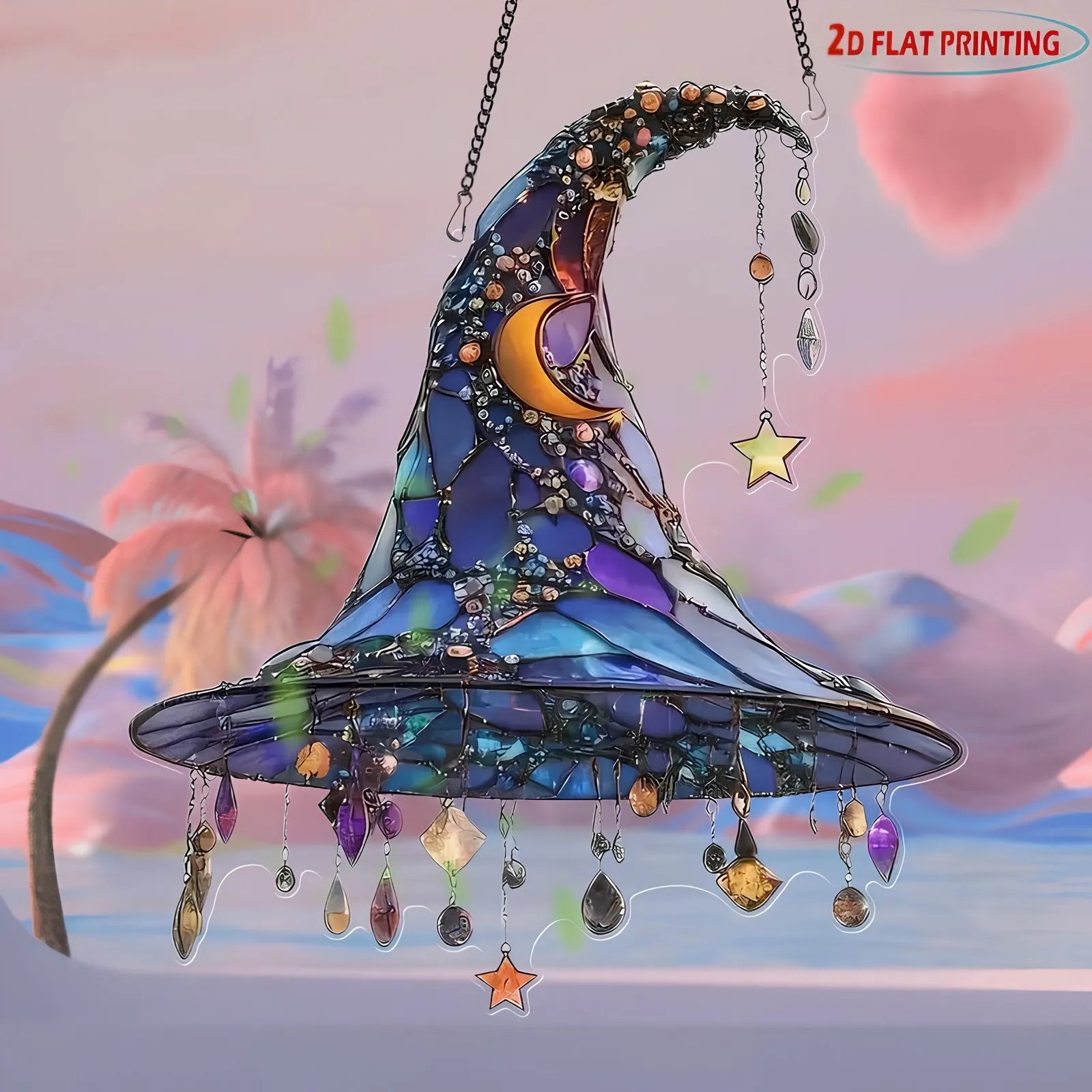 ‌Halloween Witch Hat Ornament Blue Acrylic Hanging Decor Glow in the Dark Party Supplies Moon Star Charm Spooky Home Decoration