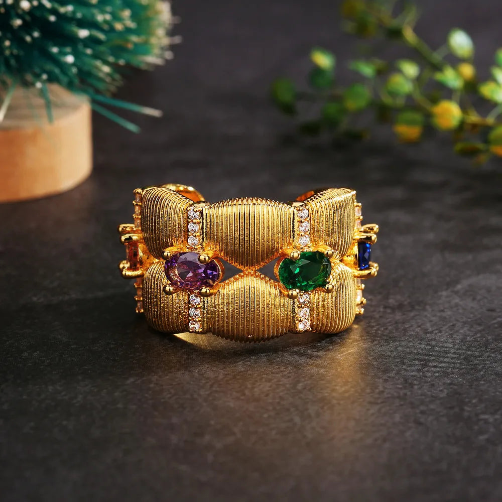 Popular Stainless Steel Rainbow Gemstones Wide Open Bracelet Bangle/Band Ring Knitted Handmade Luxury AU750 Women Jewellery Set