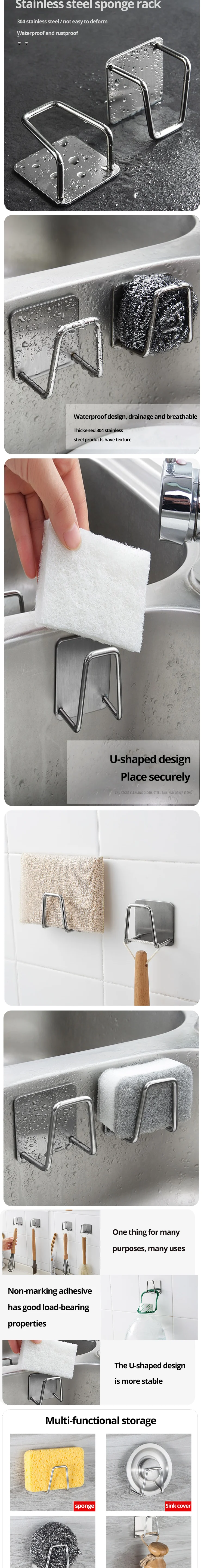 Kitchen 304Stainless Steel Sink Shelf Sponges Storage Holde Adhesive Drain Drying Rack Wall Hooks Storage Organizer Accessories