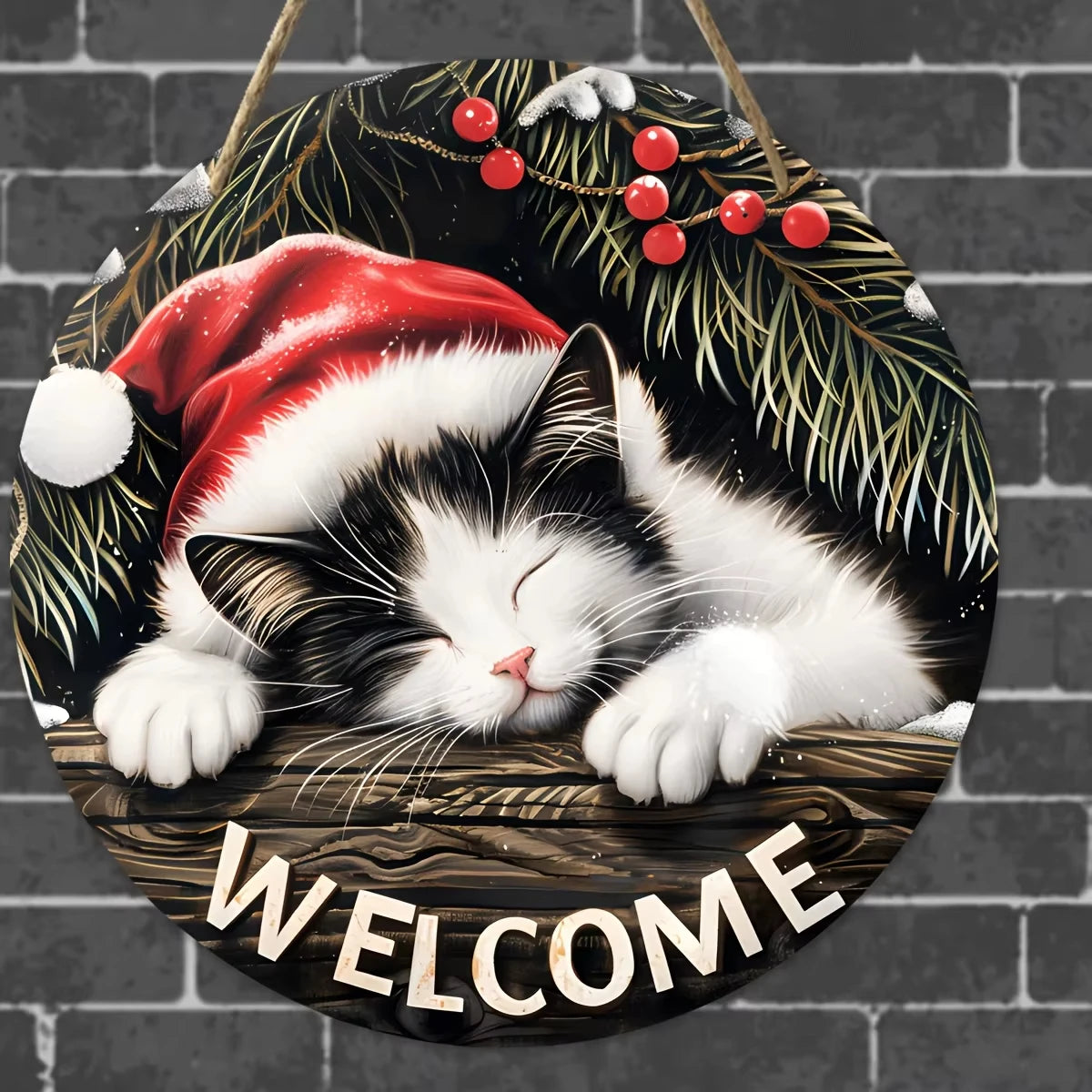 Christmas Welcome Sign Wooden Round Hanging Decoration with Sleeping Cat Design, Perfect for Wreath New Ye wall Accents