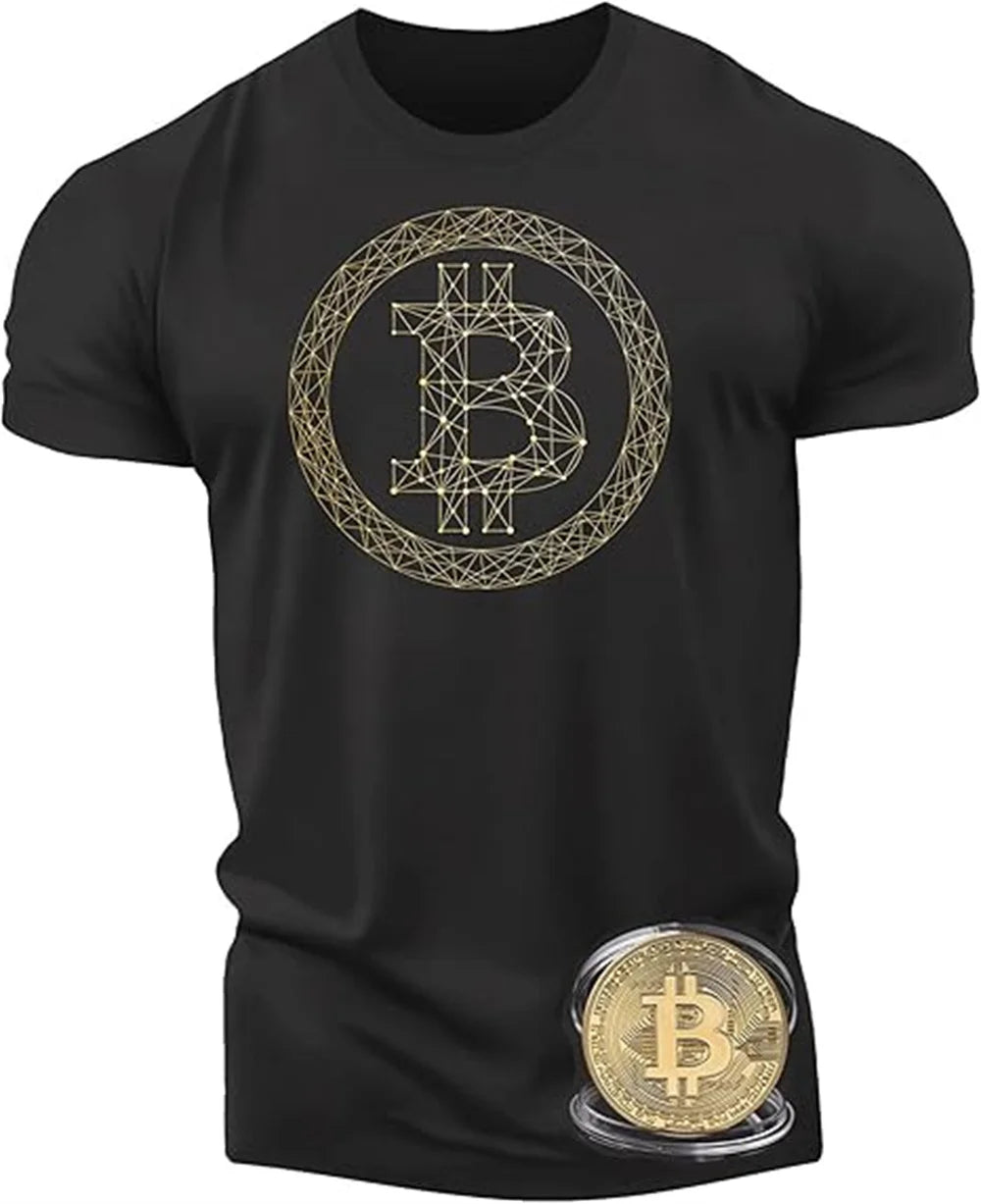 Men's Fitness T-shirt Street Trend Tough Muscle Men Bitcoin Printed T-shirt Gym Outdoor Sports Casual Short Sleeve T-shirt
