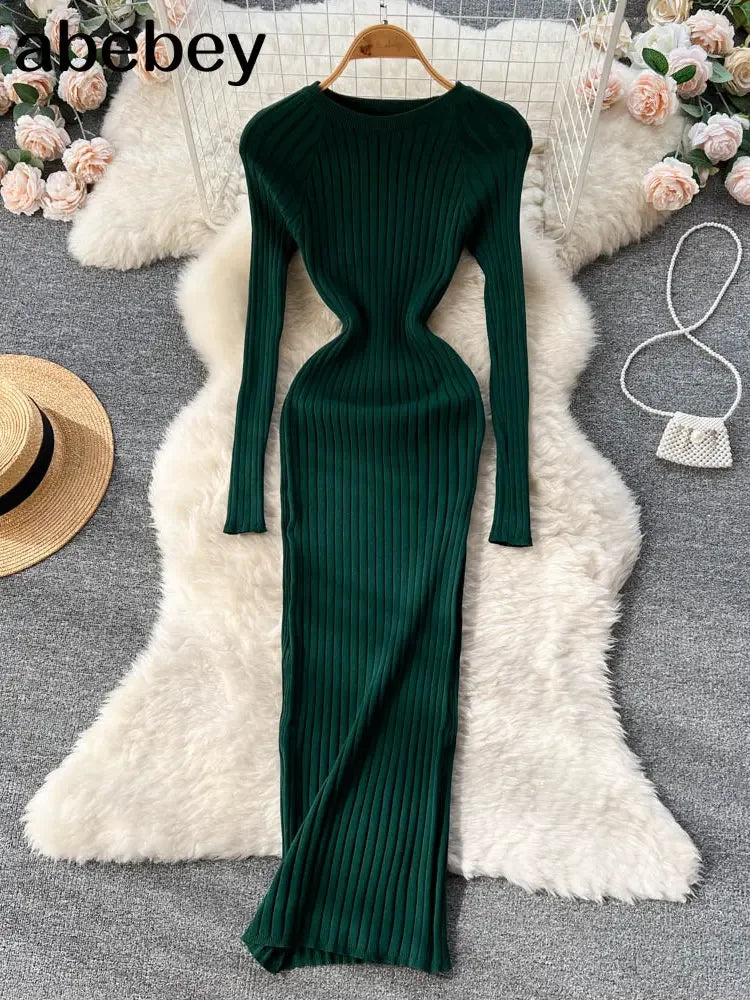 Women Knitted Dress O Neck Sexy Slim Elastic Oversized Basic Bodycon Long Dress Winter knit Warm Sweater Dresses