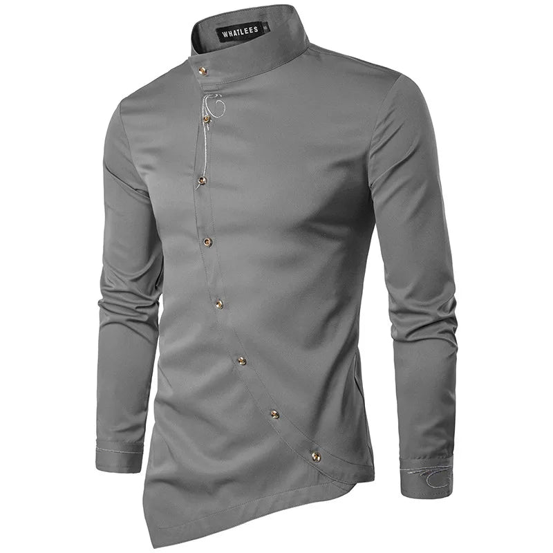 2025 Men's Oblique Button Dress Shirt High Quality Long Sleeve Slim Embroidery Shirts Men Stand Collar Business Wedding Camisas