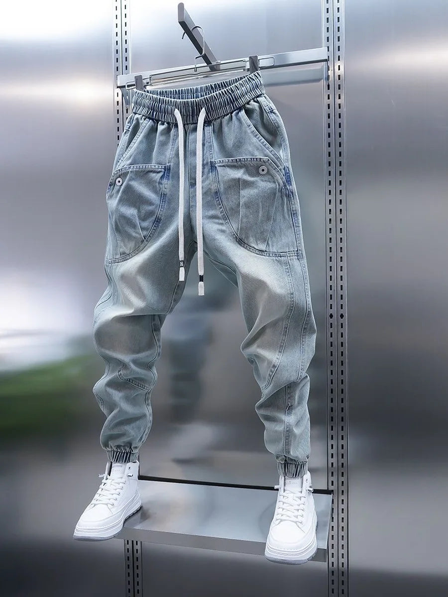 Waed Denim Jeans Men's Spring Autumn Large ket Harlan Casual Pants Blue Trendy Trousers Straight Leg Loose Fit Jeans