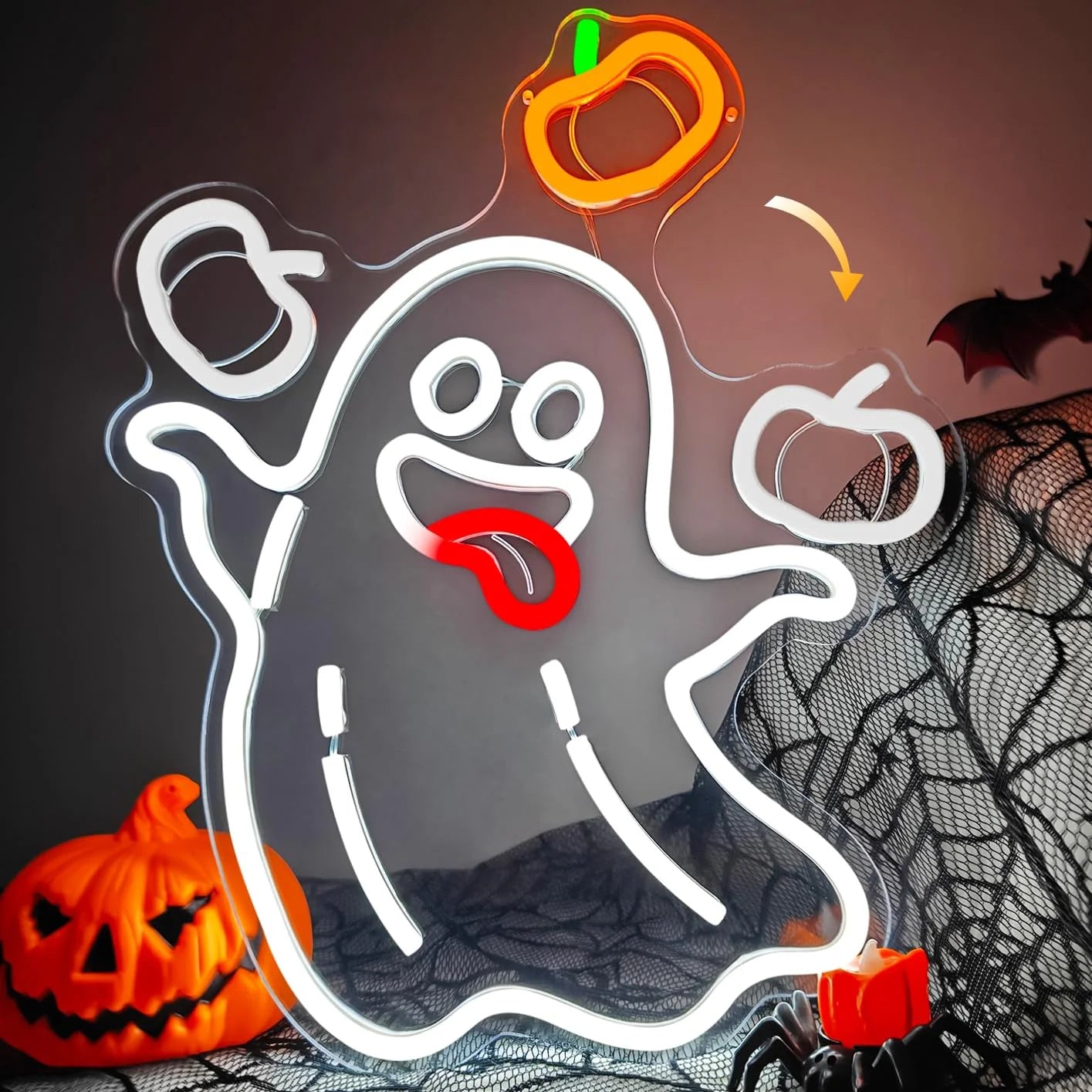 Halloween A Ghost Throwing Pumpkin Neon Sign For Wall Decor Ghost Led Sign for Bar Man Cave Horror Party Game Room