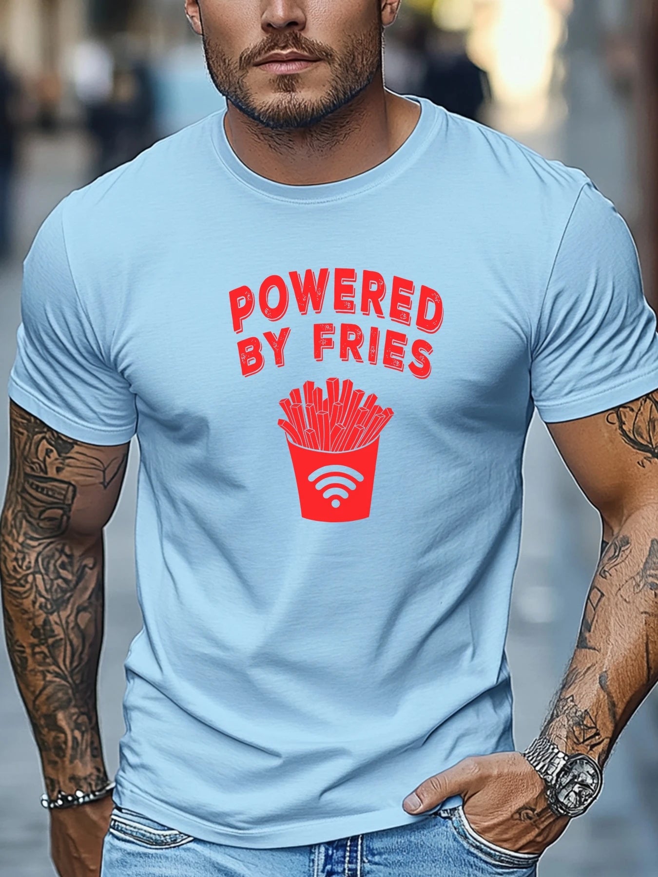Men's t shirts POWERED BY FRIES Graphic Summer Soft Comfort Fit Tee Daily Wear Tops