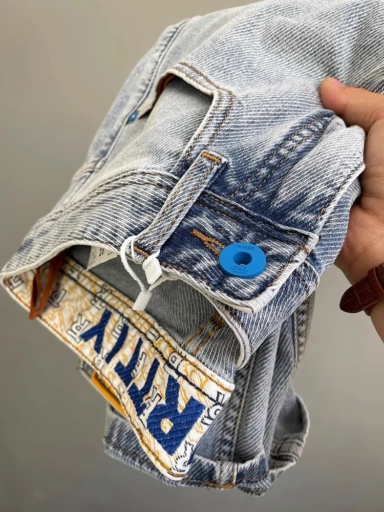 Light Blue Embroidered Jeans Men's Summer Slim Fit Nine-Piece Waed Casual Pants Breathable Straight Leg Jeans Youth Trend