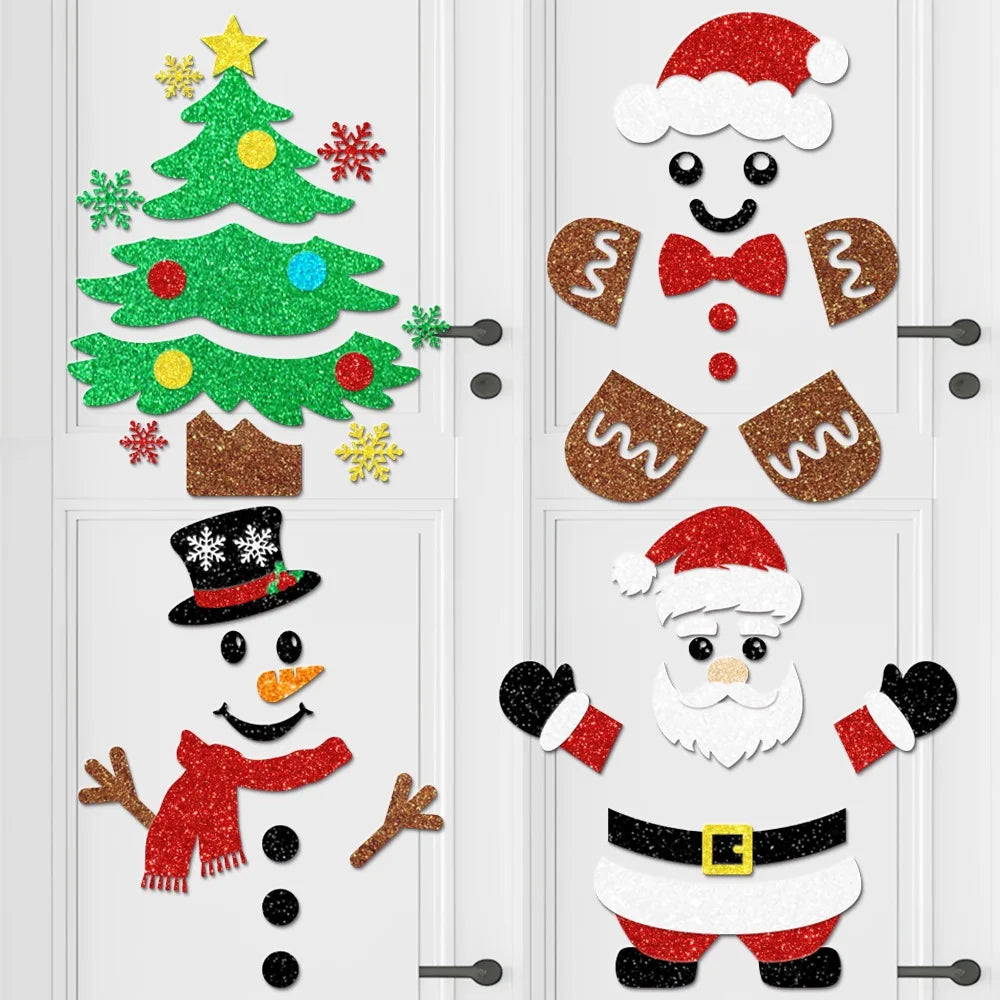 Christmas Felt Door Stickers Christmas Xmas Snowman Santa Claus Xmas Tree Gingerbread Man Door Decals Decor Window Door Decor