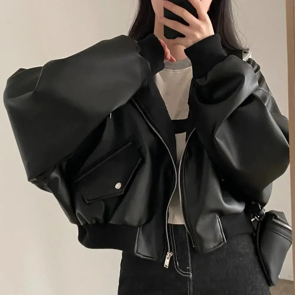 Spring Autumn Women Hooded Jacket Faux Leather Ladies Jacket Fashion Two Piece Short Jackets Female Vintage Casual PU Coat 2025