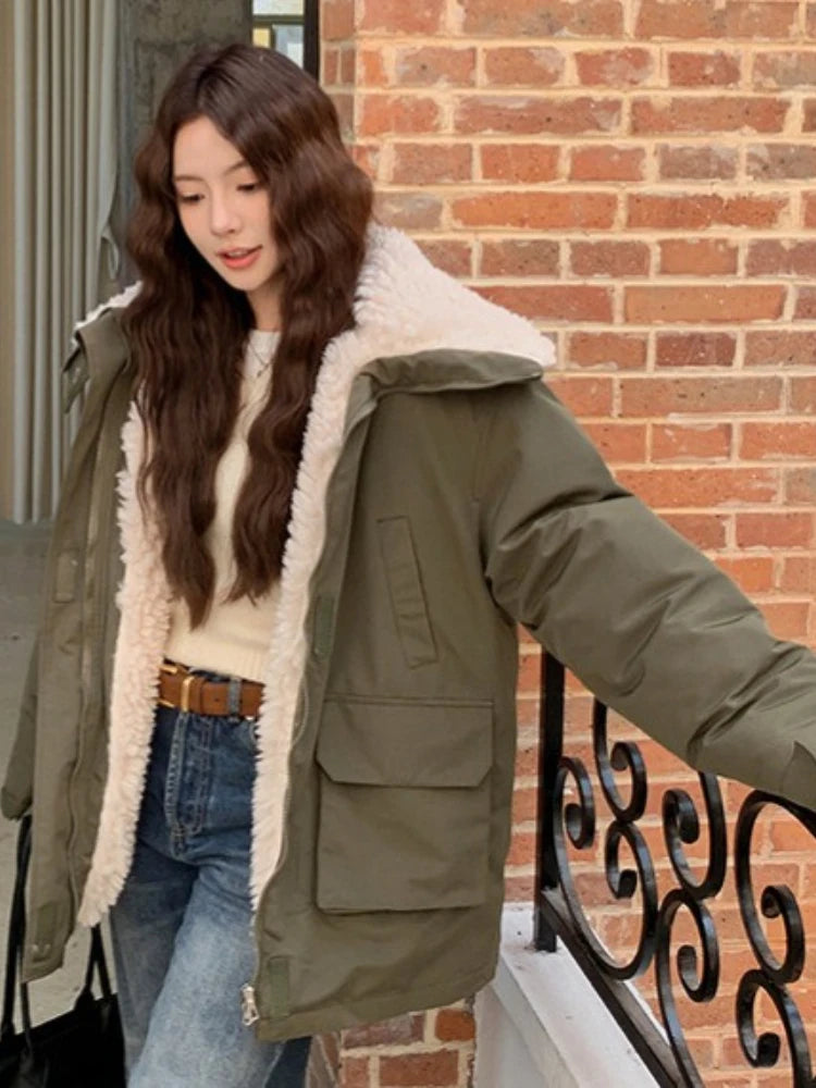 Women Parkas Short Coats Jackets Turn Down Collar Thick Warm Y2k Streetwear Elegant Jacket Work Coat Autumn Winter 2025