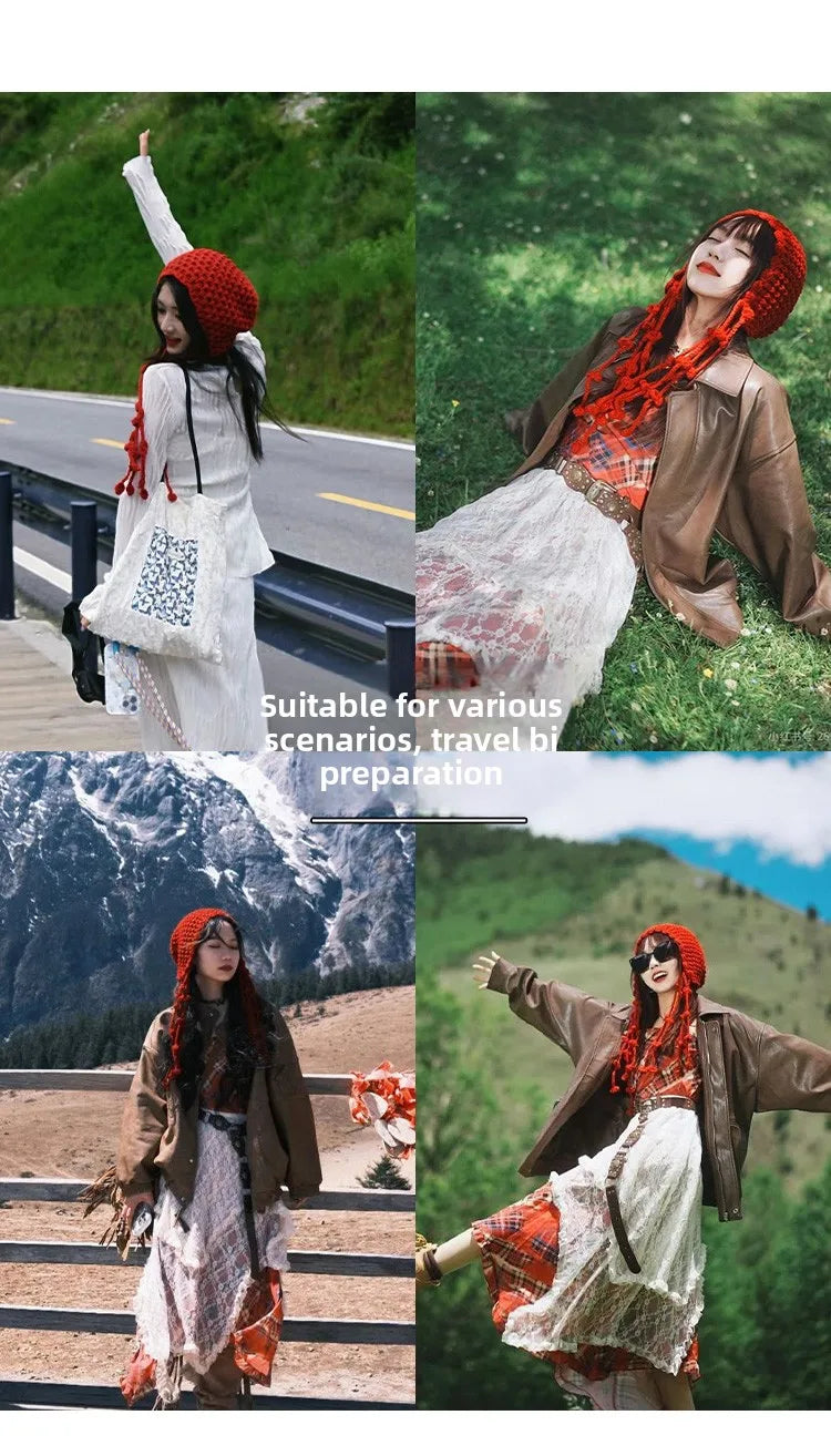 Winter Travel Red Hollow Knit Beanie with Tassel Tie Fashion Hat for Women Cold Weather Accessory