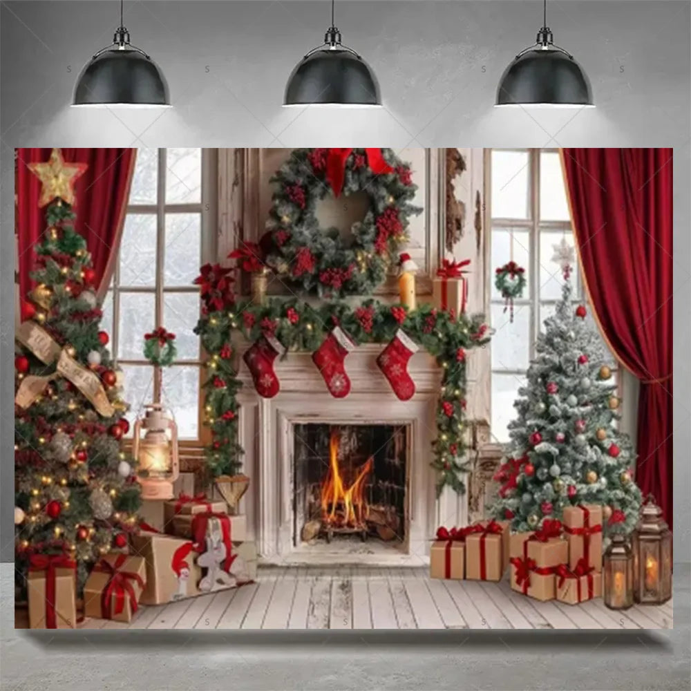 Christmas Party Decoration Winter Fireplace Xmas Tree Background Baby Shower Supplies Banner Photo Prop Backdrop Children Gift