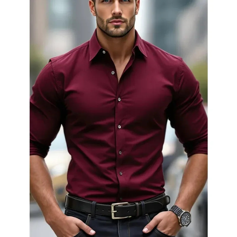 2025 Men's Shirt Brand New Solid Color Long Sleeve Smart Casual Four Season Elastic Male Business Shirts