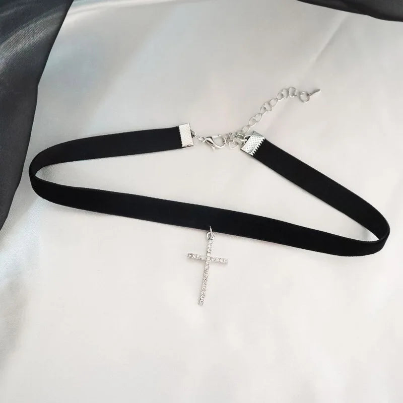 Sexy Choker for Women Bow Lace Tie Zircon Cross Necklace Clavicle Lady Jewelry Accessories Girl Gift