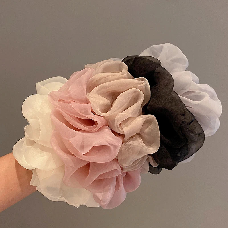 New Woman Large Solid Color Chiffon Scrunchies Elegant Women Mesh Rubber Band Black Beige Pink Ponytail Holders Hair Accessories
