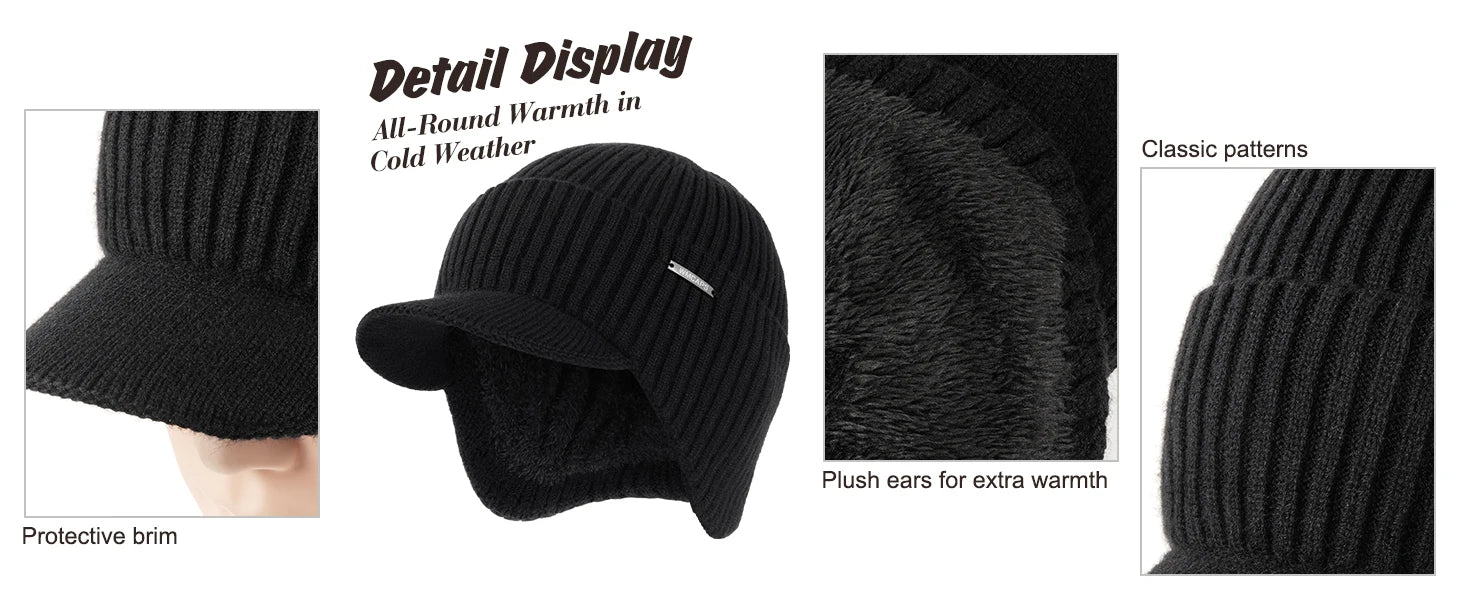 Winter Beanie with Brim and Ear Flaps, Outdoor Warm Fleece Lined Knit Hat Stocking Caps for Men Women bucket hat  winter hat