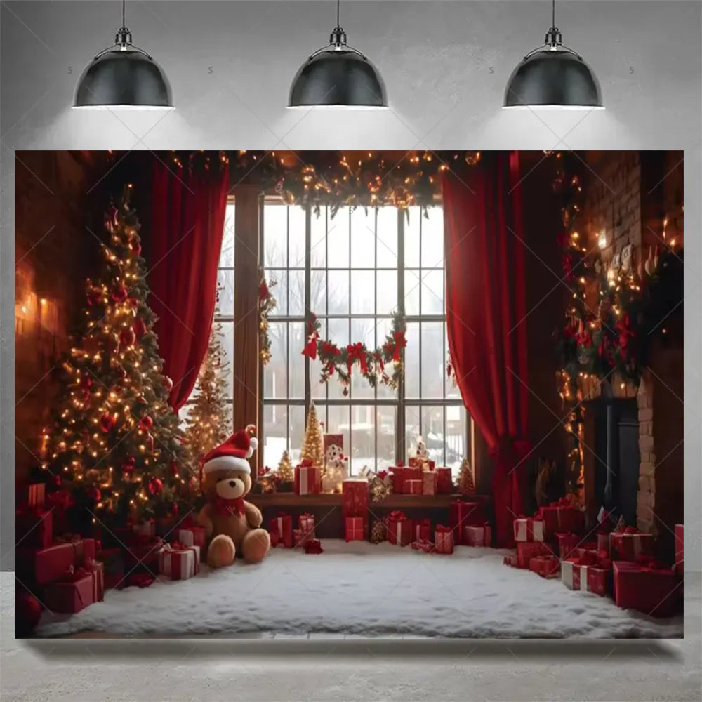 Christmas Party Decoration Winter Fireplace Xmas Tree Background Baby Shower Supplies Banner Photo Prop Backdrop Children Gift