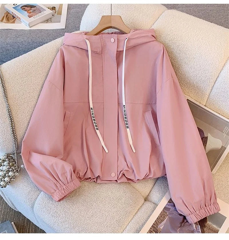 Women's Jacket Fashion Hooded Windbreaker New Spring Autumn Female Casual Short Coat Outwear Pink Green White Female Outerwear