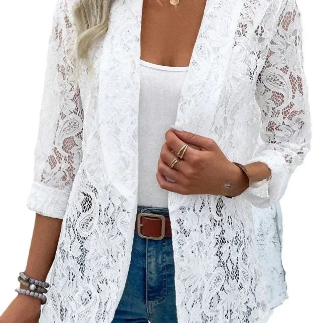 Women's New Spring/summer Stylish Small Suit  Solid Color Lace Hollow-out Long-sleeved Lapel Shirt Jacket Cardigan Suit Soat