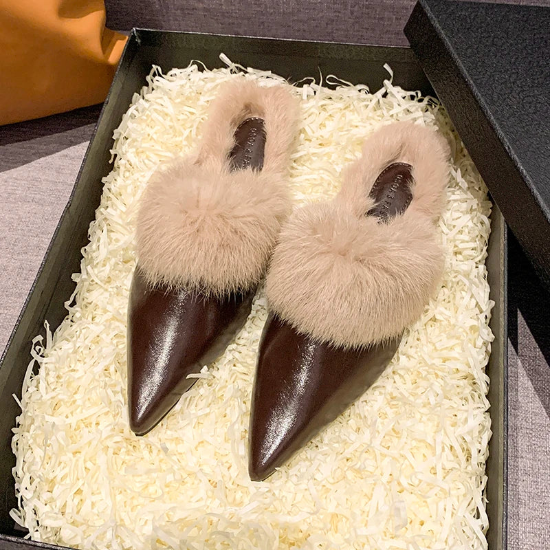 2025 New Shoes for Women House Slippers Platform Fur Flip Flops Slides Loafers Cover Toe Low Plush New Flat Basic Женская Обувь