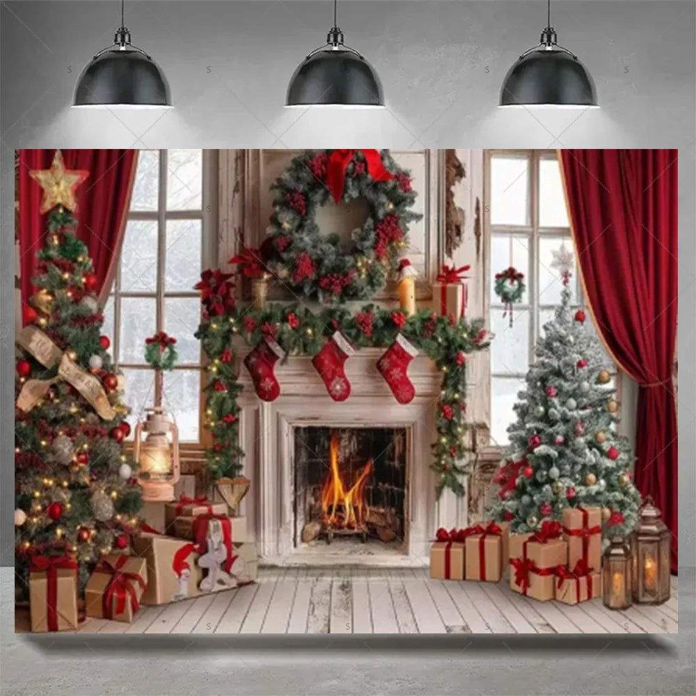 Christmas Party Decoration Winter Fireplace Xmas Tree Background Baby Shower Supplies Banner Photo Prop Backdrop Children Gift