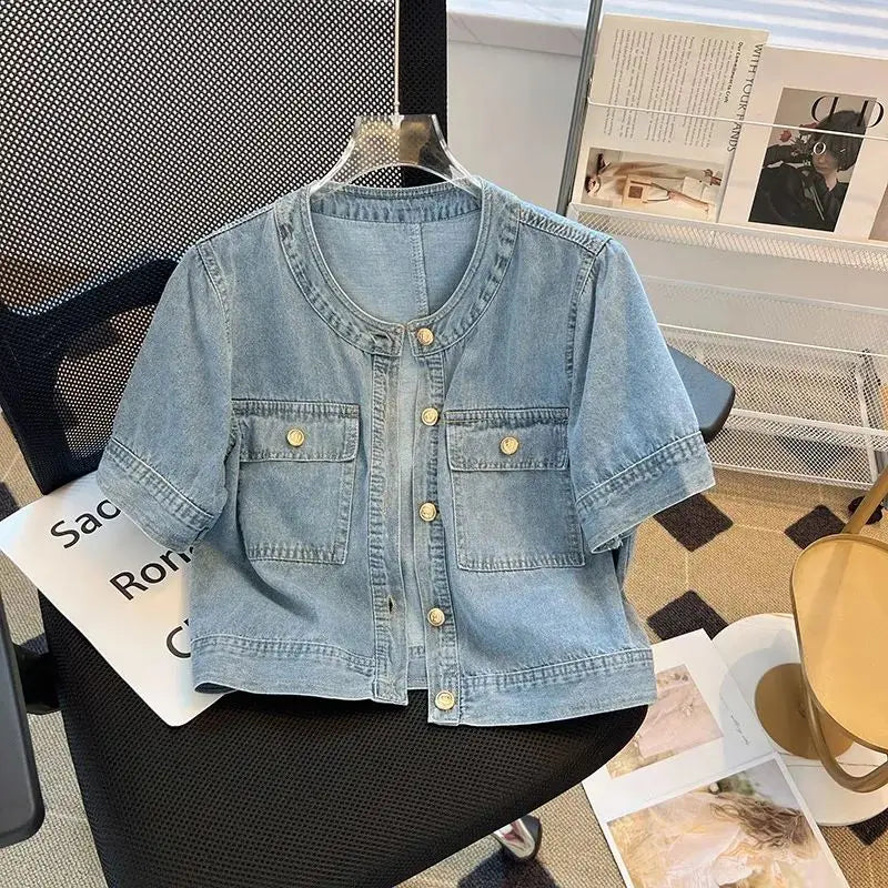 Streetwear Women's Denim Jackets Short Sleeve Summer Jean Jacket Outwear Ropa Mujer Fashion Retro Vintage Coat Cropped Tops