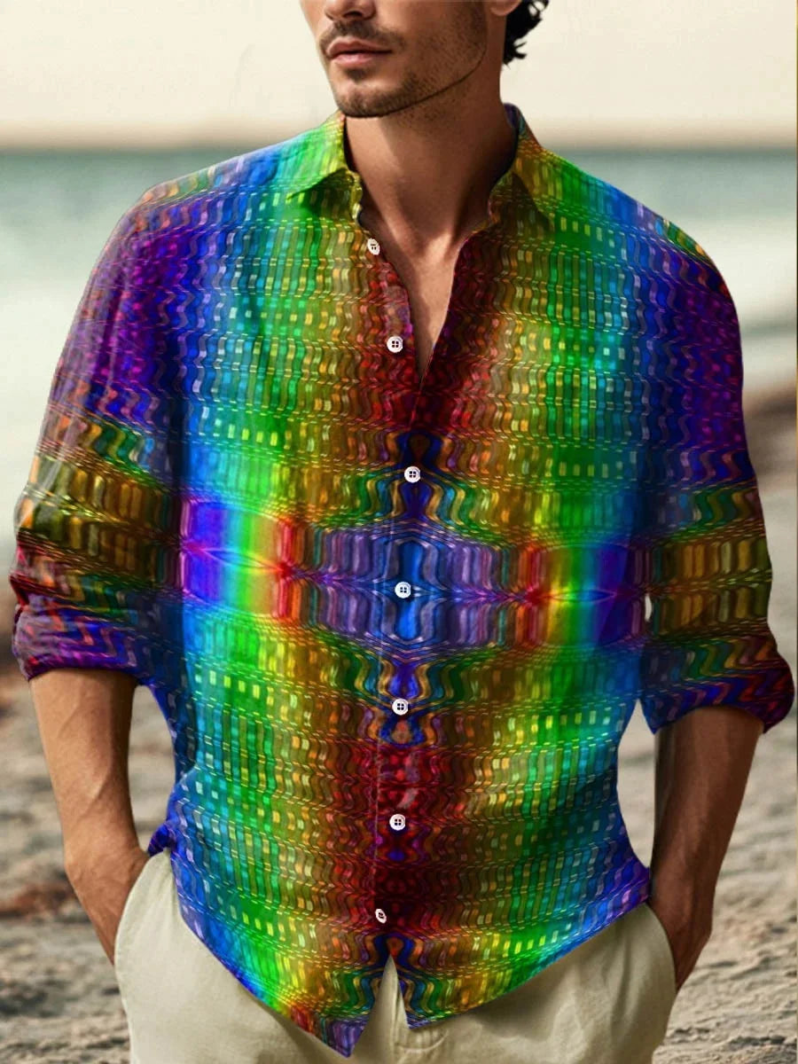 The new men's shirt is a fashionable and artistic printed linen shirt. The high-quality shirt fabric is comfortable