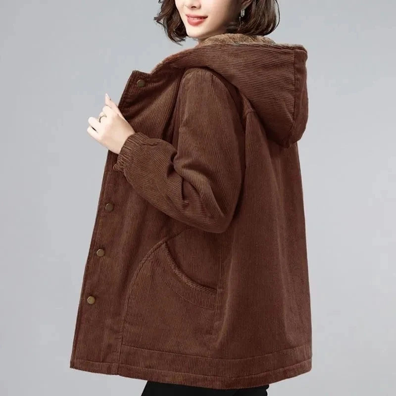 Women Corduroy Jackets 2025 New Autumn Winter Solid Loose Coat Female Casual Middle-Aged Plus Velvet Warm Hooded Ladies Overcoat