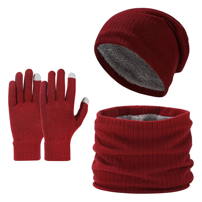 Winter hat, scarf, gloves, three piece set, men's and women's outdoor cold resistant scarf, ear protection, knitted hat