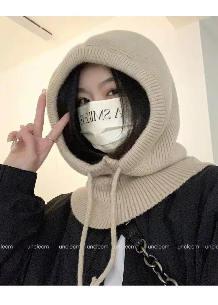 Winter Balaclava Hats For Men&Women Unisex Knitted Hooded Caps Outdoor Warmer Drawstring Hats One-Piece Neck Collar Beanies Cap