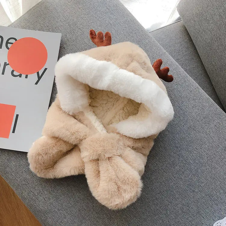 Winter Kids Hat for Boy Girl Cartoon Deer Antler Scarf One-Piece Faux Fur Baby Bonnet Thicken Infant Earflap Cute Christmas Gift