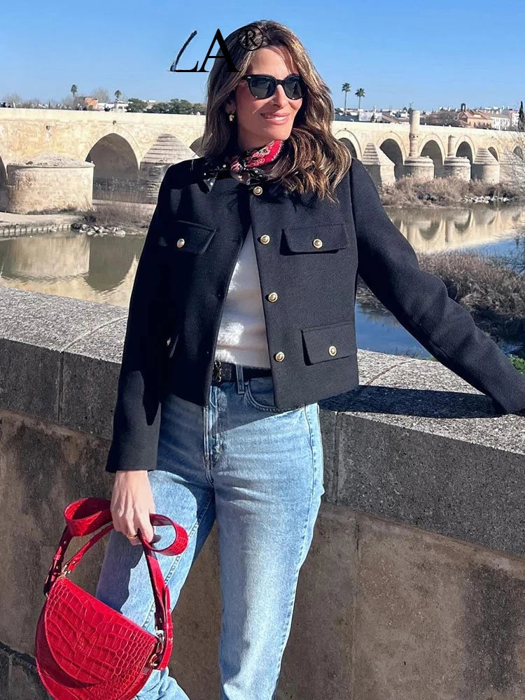 Women Elegant Cropped Jacket 2025 Women's Fashion Jacket O-Neck Long Sleeved Flip Pocket Coat Female Casual Outwear Tops