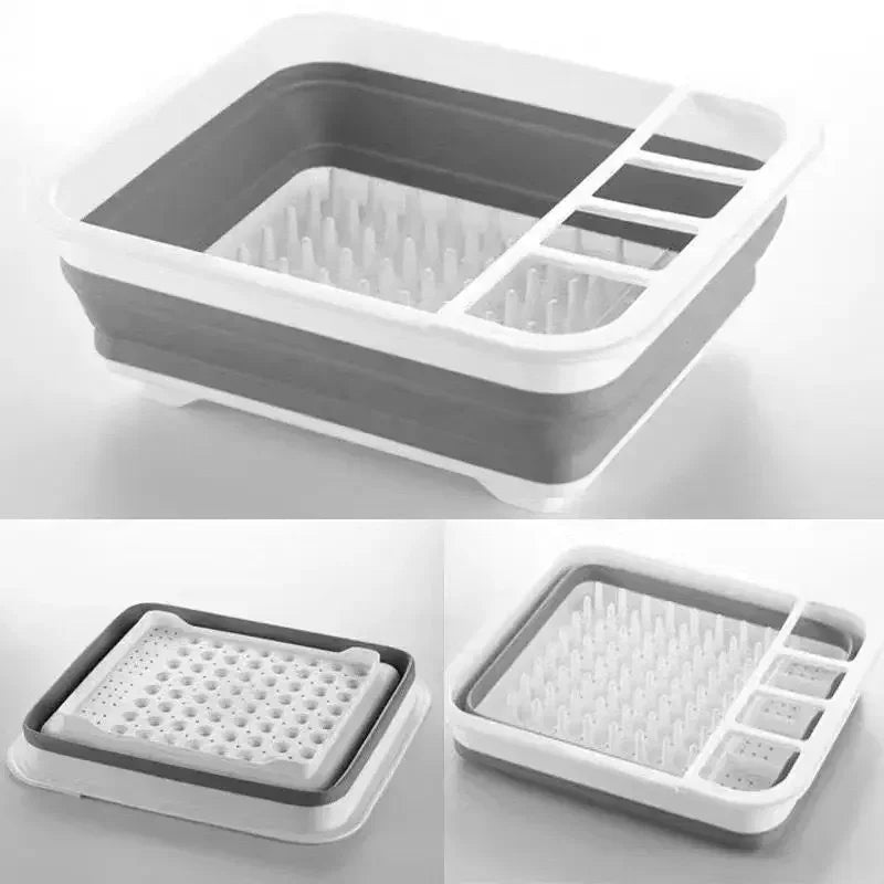Kitchen Foldable Dish Rack with Drainer Collapsible Tableware Storage Box Non-Slip Simple Tableware Sorting Storage Box