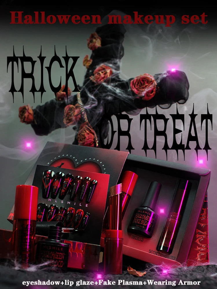 MLSMILE Halloween Makeup Set Eyeshadow Glitter Lip Glaze Fake Blood Wearing Armor 4pcs/set Festive Set Trick or Treat Cosmetics