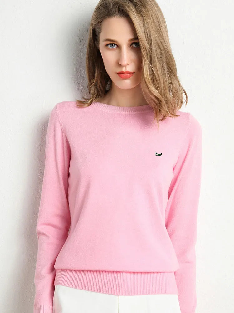 Women Autumn Winter Clothes  Neck Wool Sweater Long-sleeved Knitted Pullovers Shirt Embroidered Fish Logo Casual Sweater Tops