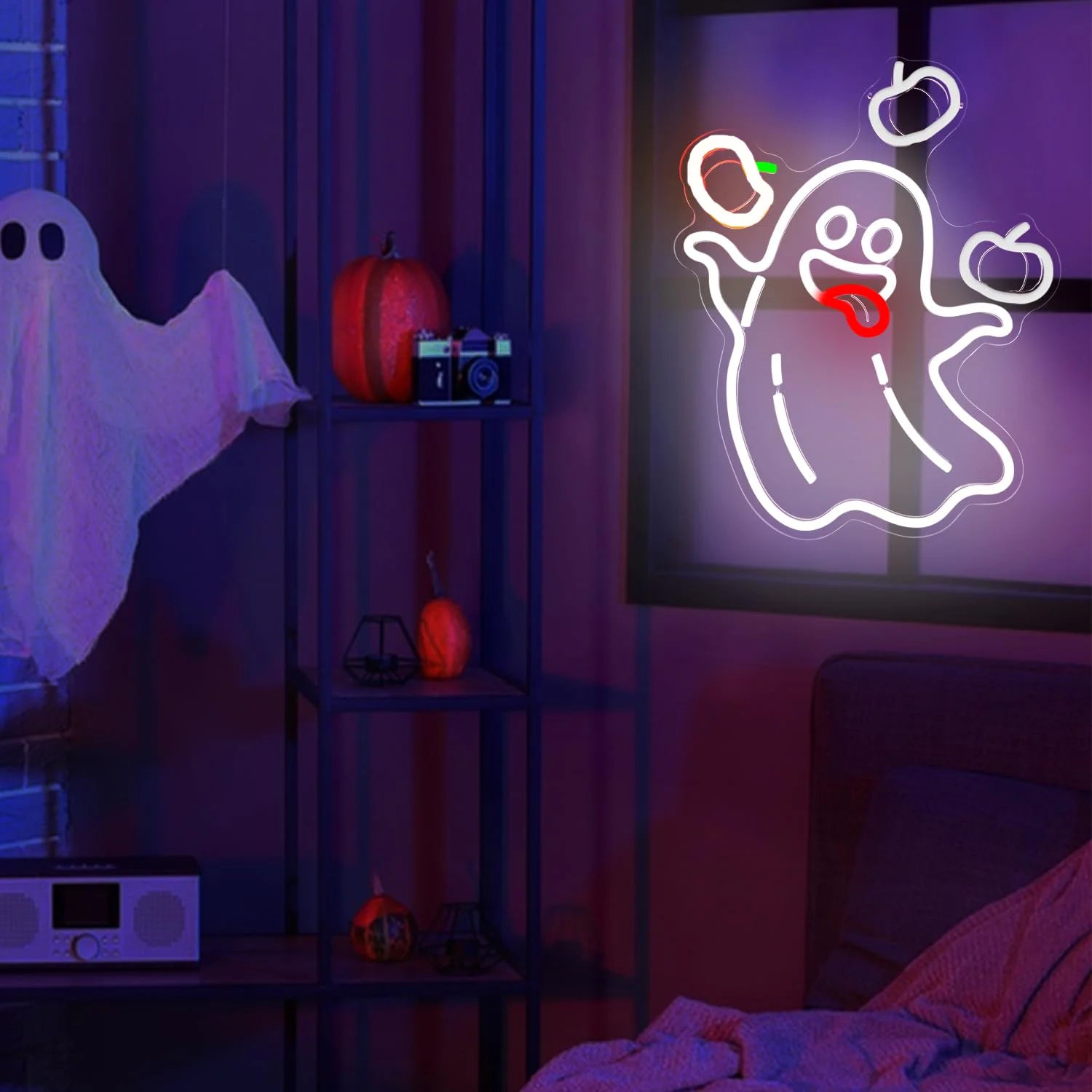 Halloween A Ghost Throwing Pumpkin Neon Sign For Wall Decor Ghost Led Sign for Bar Man Cave Horror Party Game Room