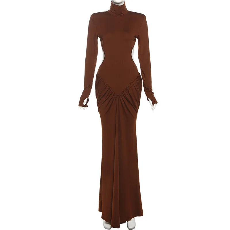 Autumn Winter Turtleneck Dress for Women Sexy Backless Slim Maxi Evening Party Dresses Fashion Ruched Long Sleeve Dress 2025