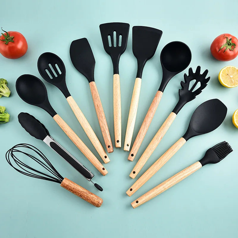 Kitchen utensil set with wooden handles, non-stick pans, food-grade cooking silicone storage set, baking and frying kitchen set