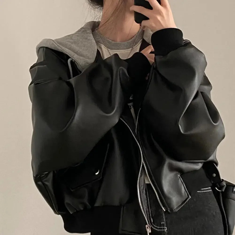 Spring Autumn Women Hooded Jacket Faux Leather Ladies Jacket Fashion Two Piece Short Jackets Female Vintage Casual PU Coat 2025