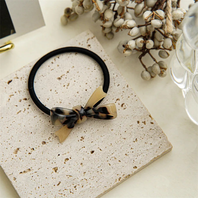 Fashion Korean Style Acetic Acid Acrylic Bow Hair Tie Leopard Tortoise Plastic Bowknot Elastic Hair Band Women Ponytail Holder