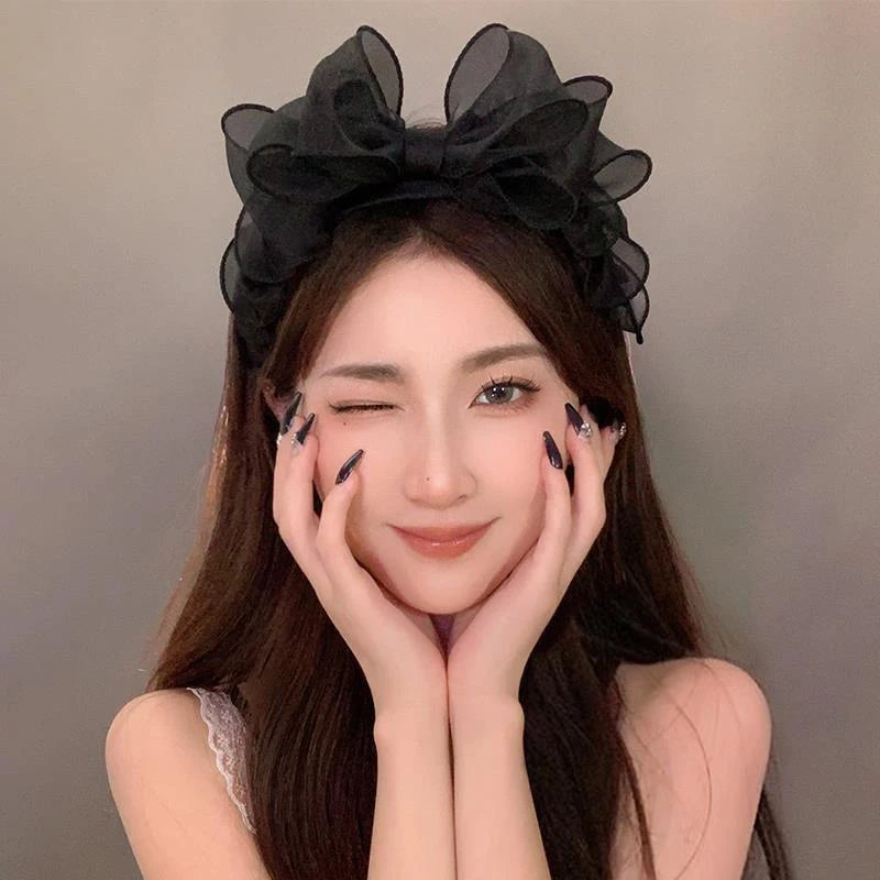 Women Originality Ruffled Edge Stylist Accessories Hair Hoop Fashion Korea Retro Black Mesh Big Bow Headband Hair Accessories