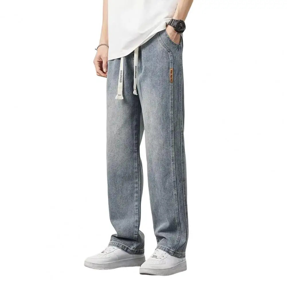 Plus Size Retro Men Summer Jeans Elastic Waist Adjustable Drawstring Denim Pants Straight Wide Leg Casual Jeans