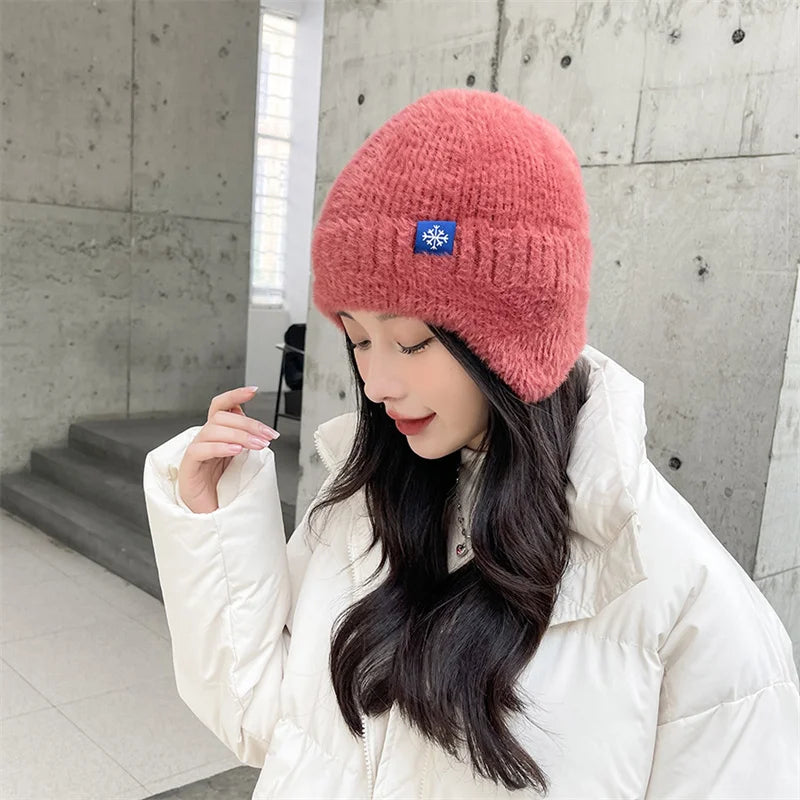 Winter Women Earflap caps Snowflake knitted hats Ear protection hats  Adult Ladies casual mohair beanie cap Gorros