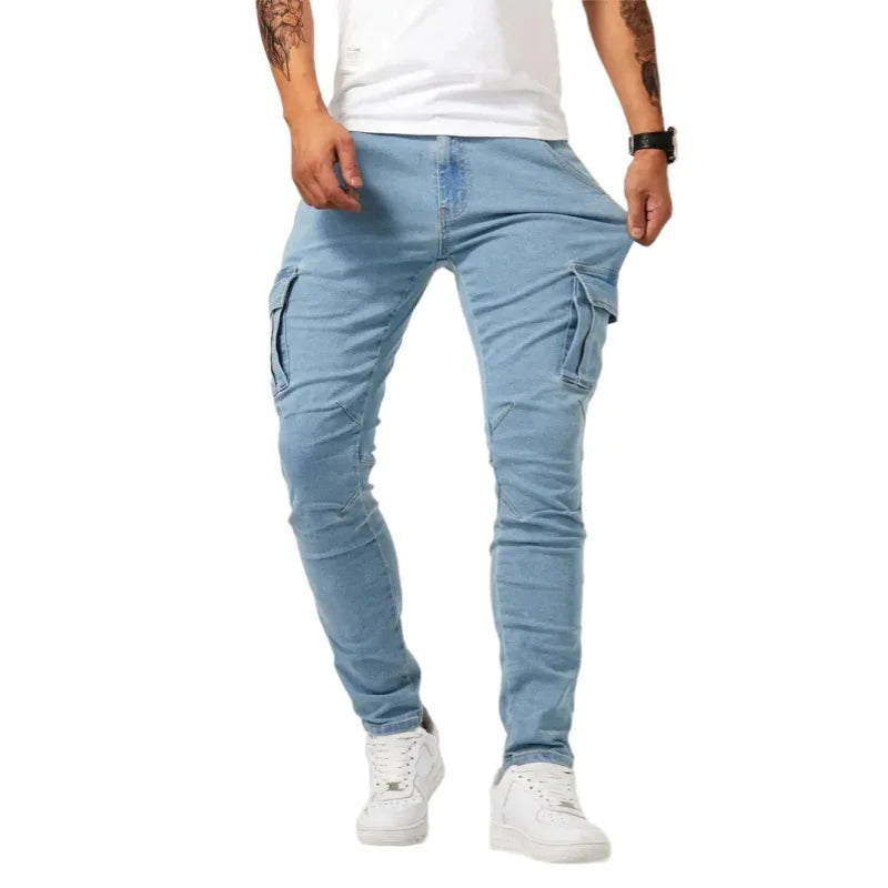 Men Elastic Skinny Jeans Soild Denim Pants Slim Fit Casual Jeans Multi Pocket Cargo Pants Fashion Casual Trousers Man Clothing